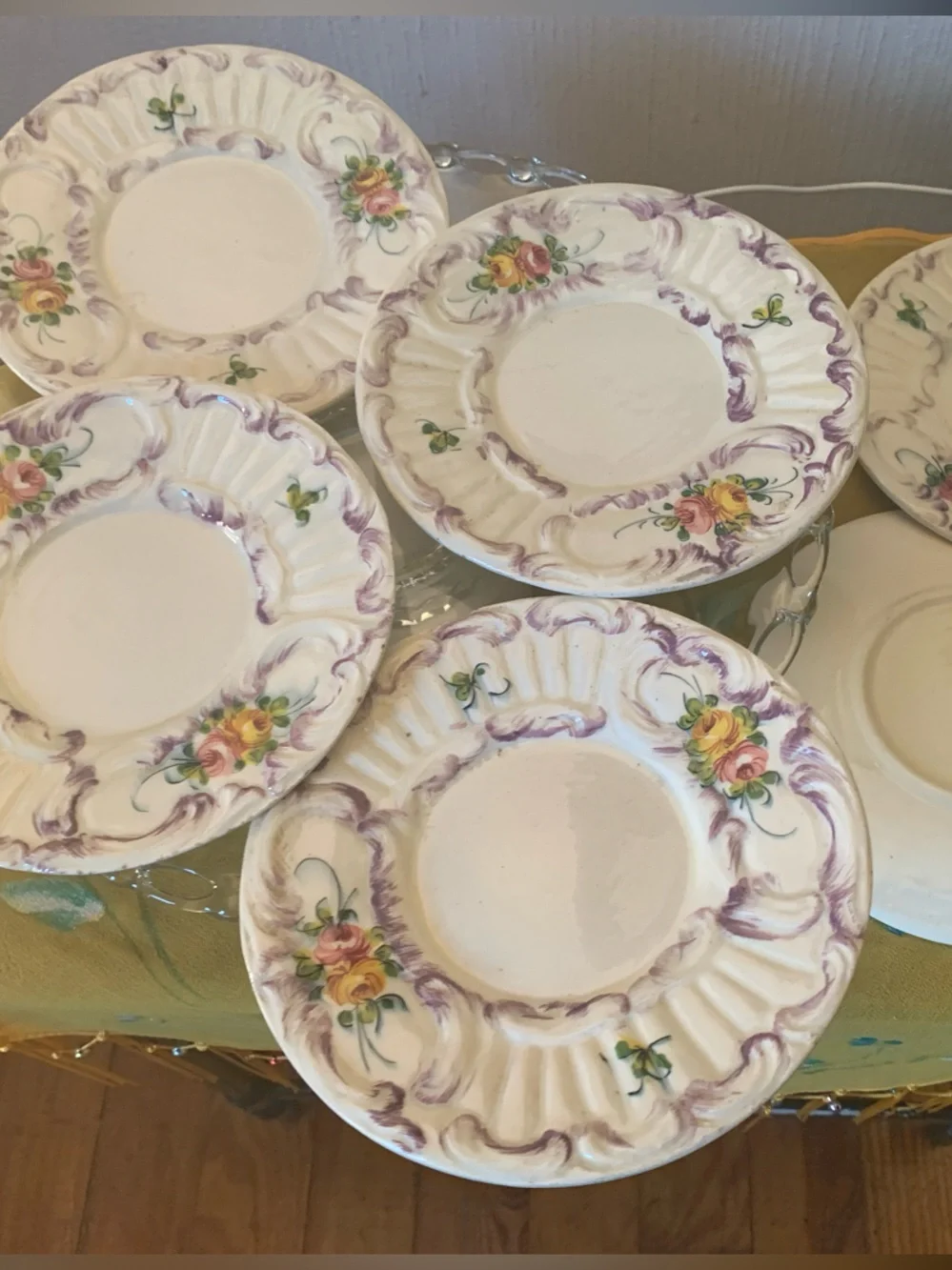 ITALY marked Floral Dessert Plate Set in Purple and Yellow – Old - S/6
